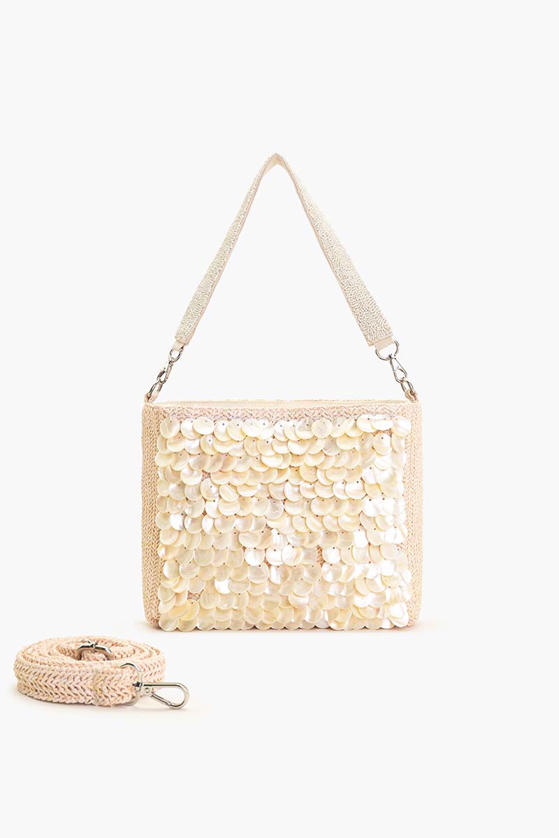 Embellished Shells and Raffia Bucket Bag