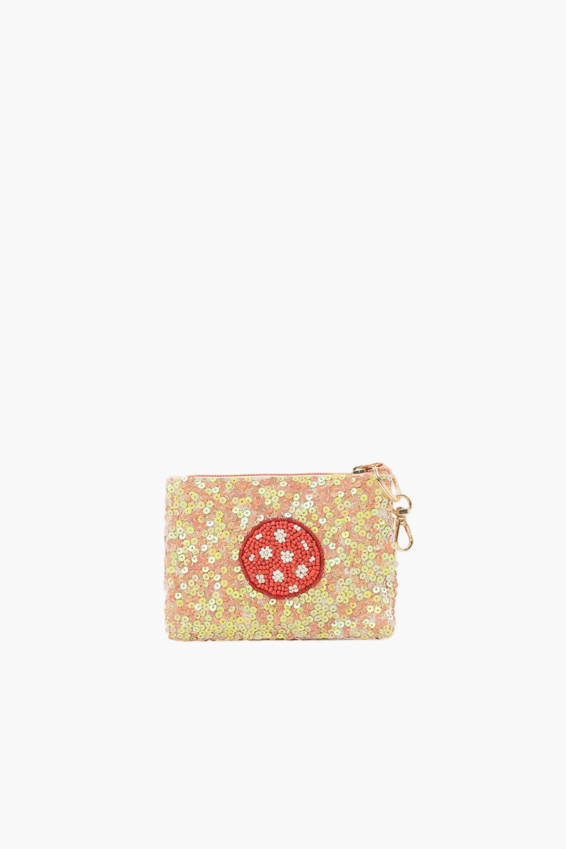 Floral patterned pouch with a red logo on a white background