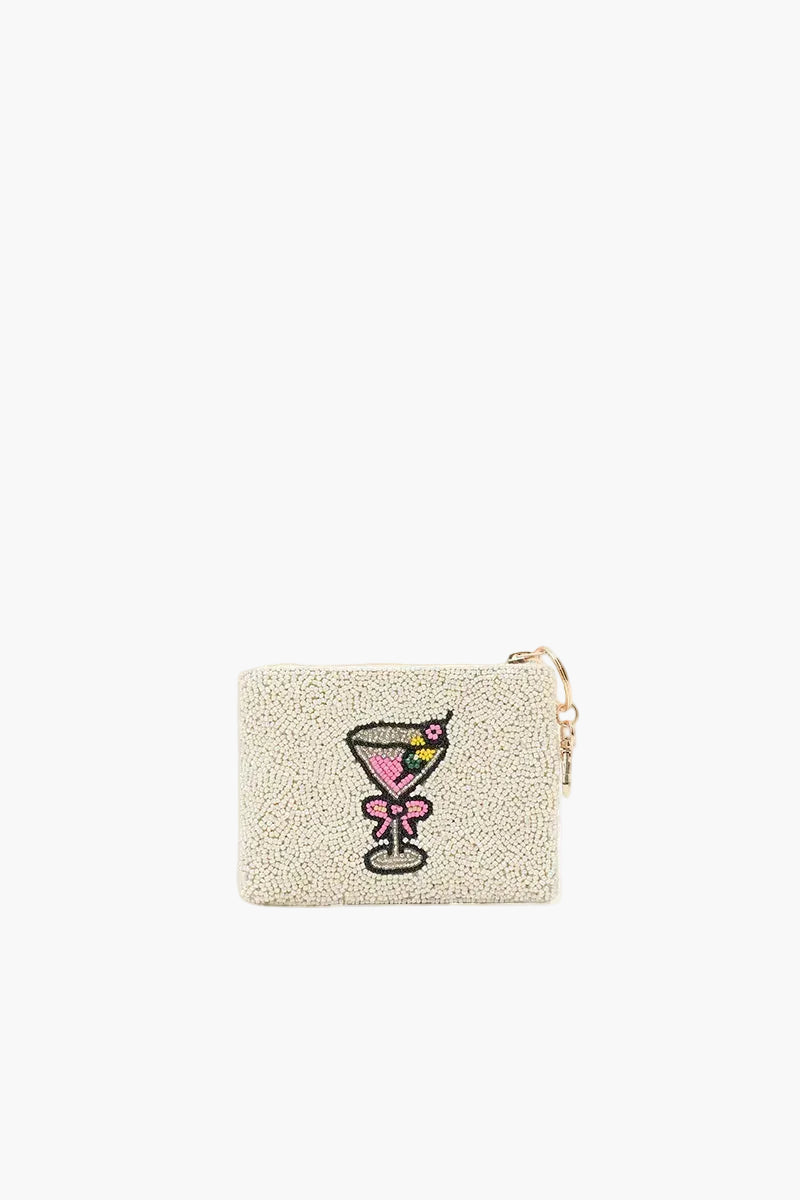 Beige pouch with cocktail design on a white background