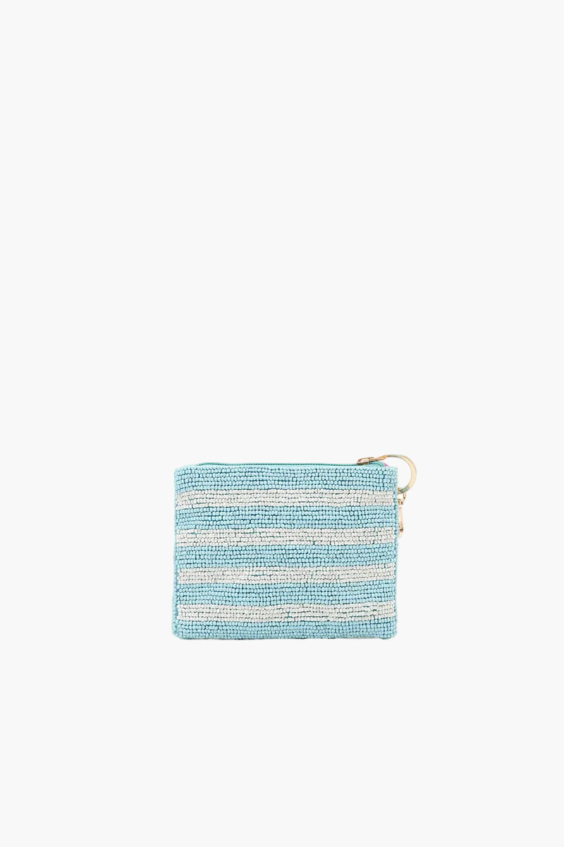 Textured blue and white pouch with a zipper on a white background