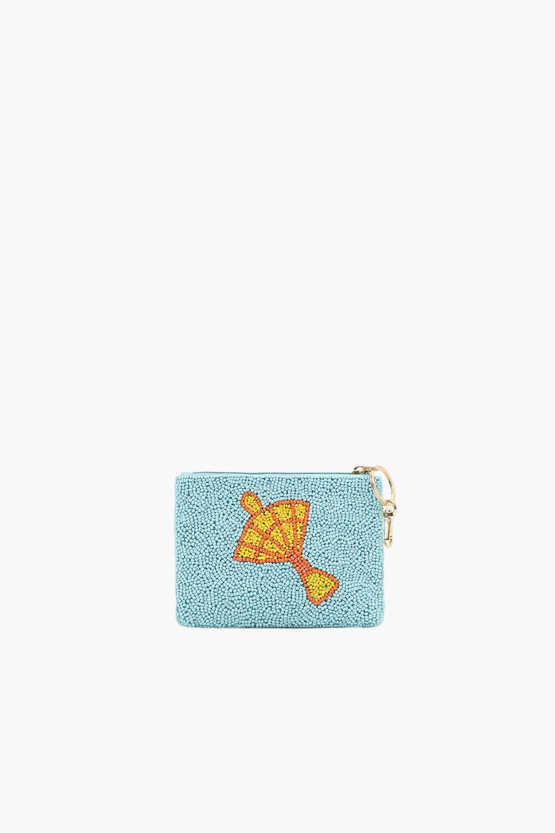 Small blue pouch with a colorful fish design on a white background