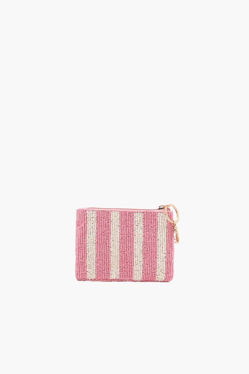 Pink and white striped pouch on a white background