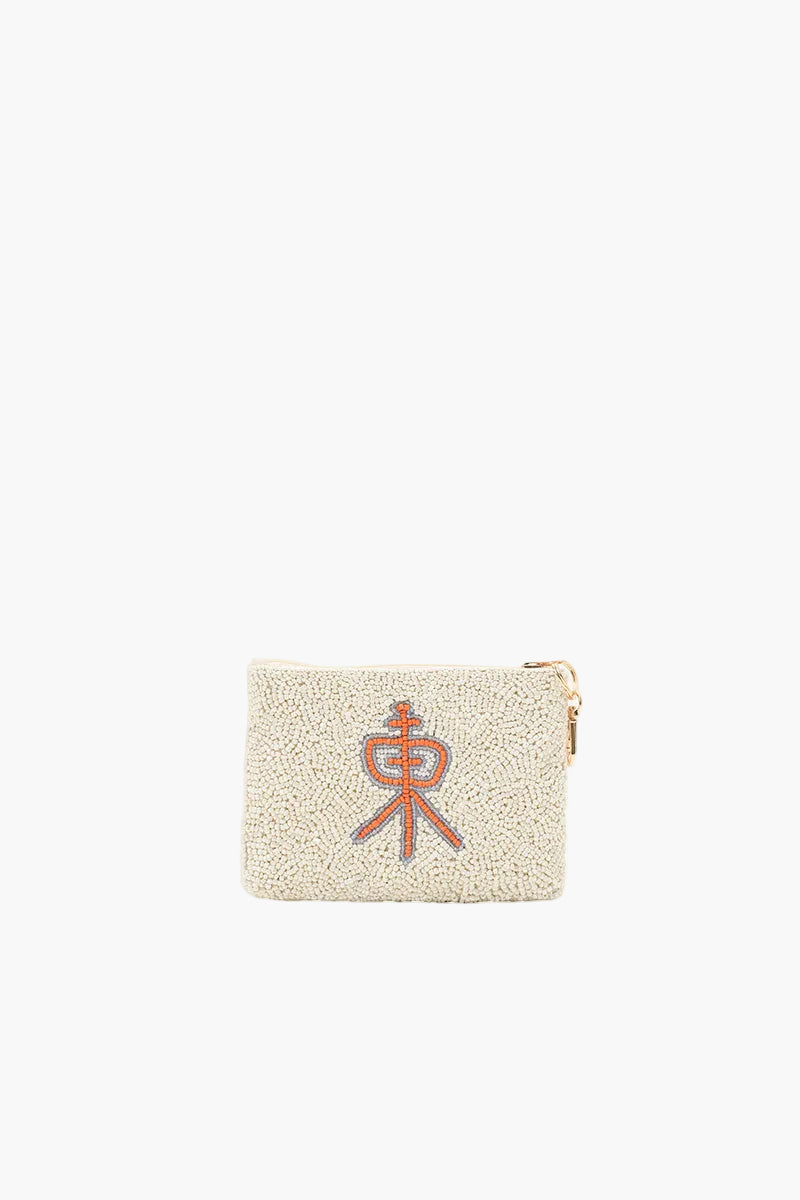 Beige pouch with a red symbol on a white background