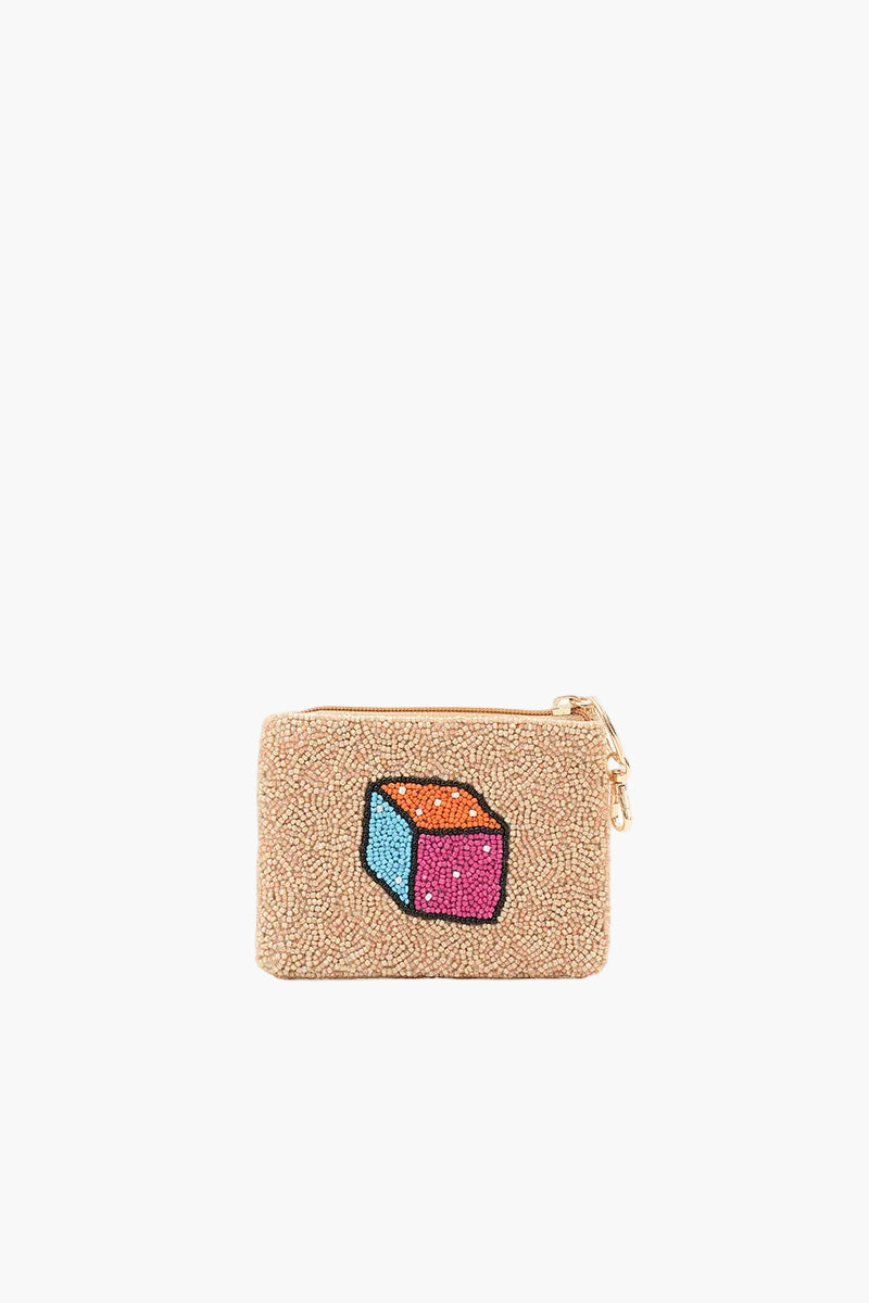 Beige textured pouch with a colorful cube design on a white background
