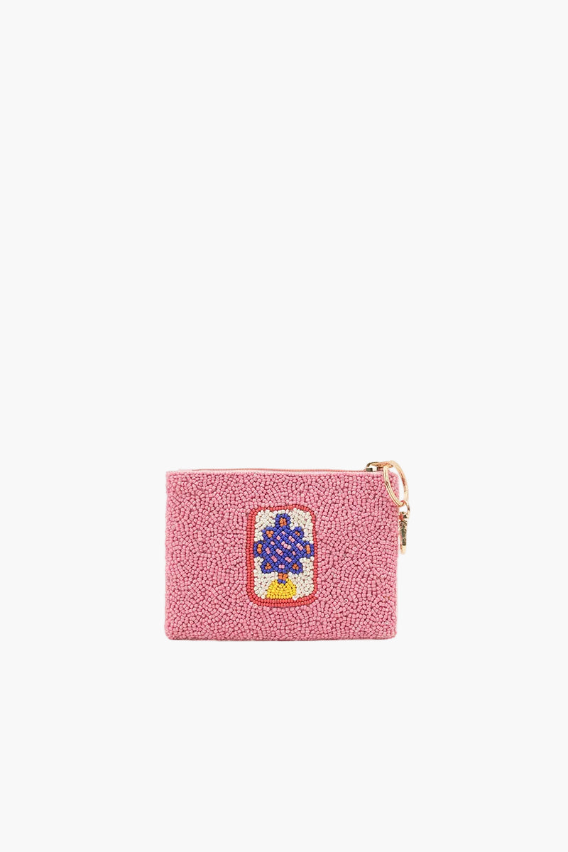 Pink textured pouch with a floral design on a white background