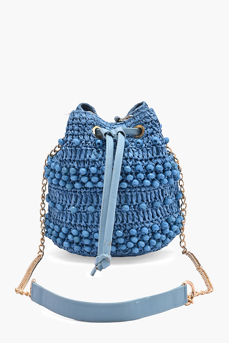 Blue Lagoon Raffia Drawstring Bag