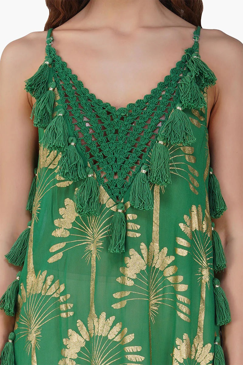 Set of 6 Pine Green Palm Tassel Foil Maxi Dress (S,M,L)
