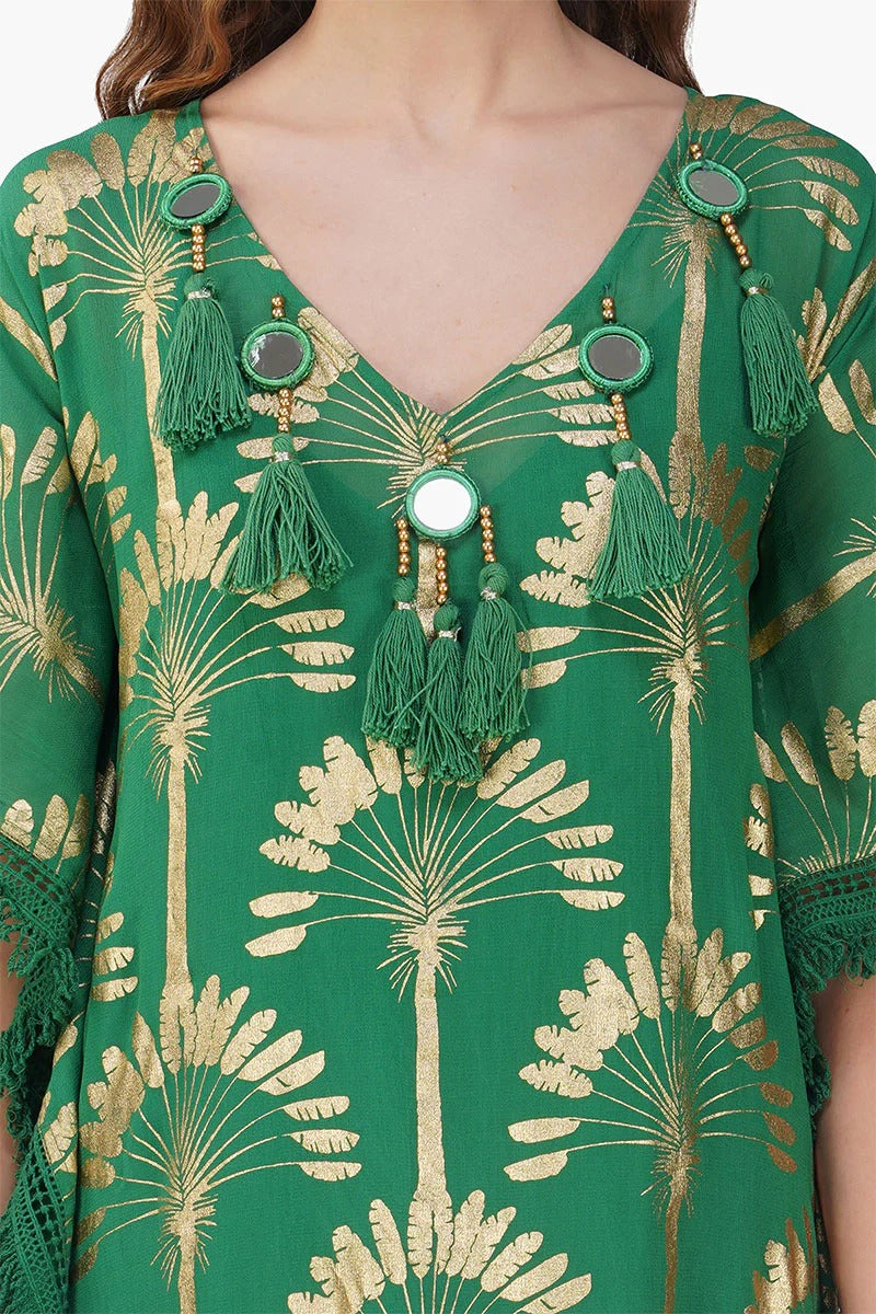 Set of 6 Pine Green Palm Foil Tassel Kaftan (S,M,L)