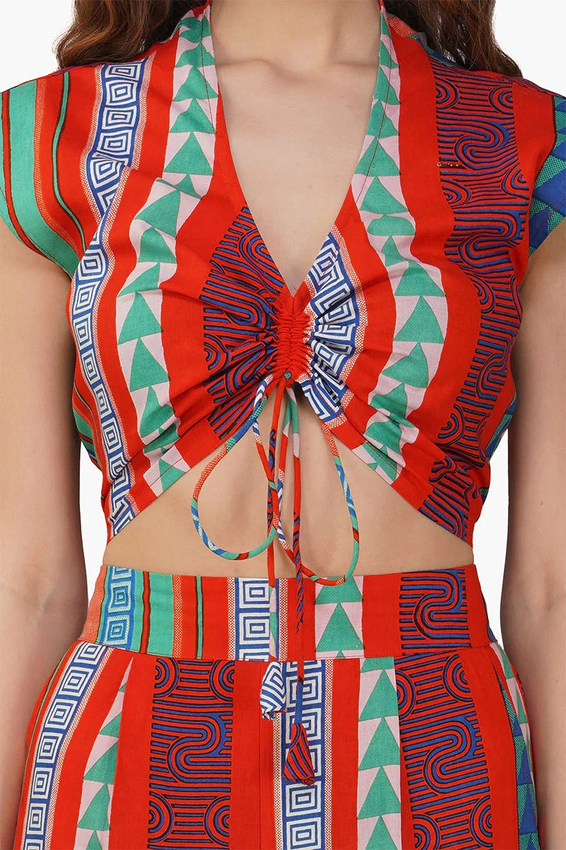 Set of 6 Ruby Aztec Printed Strip Top (S,M,L)