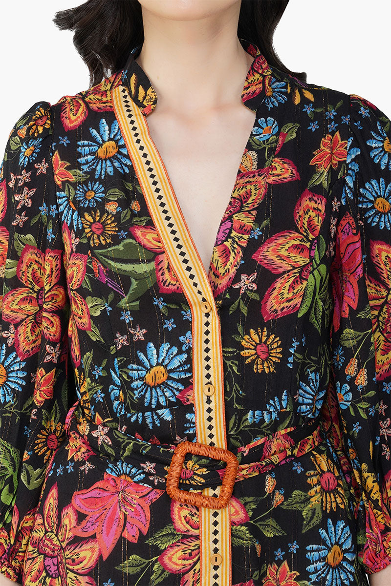 Set of 6 Black Multi Floret Shirt Dress (S,M,L)