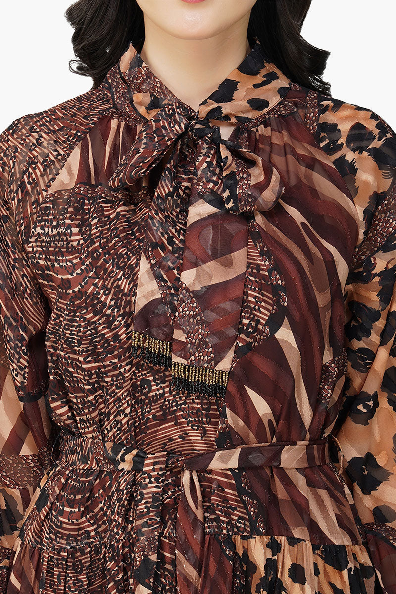 Set of 6 Brown Animal Patch Print Maxi Dress (S,M,L)