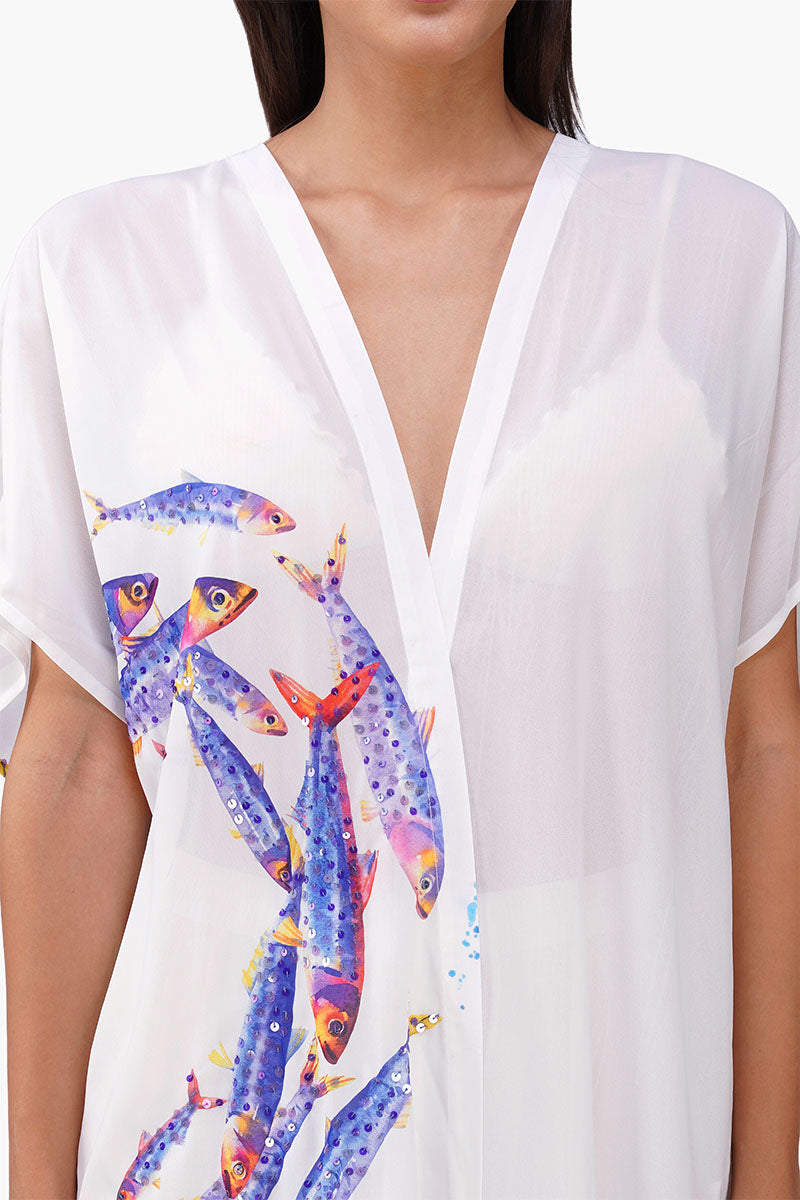 Set of 6 Aqua Ballet Fish Printed Embellished Cover Up (S, M & L)