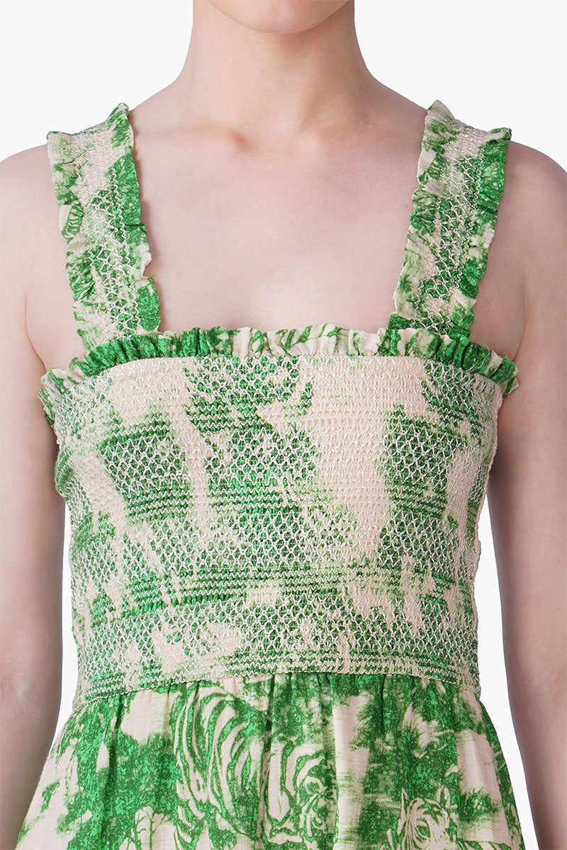 Set of 6 Green Forest Safari Print Smocked Long Dress (S, M & L)