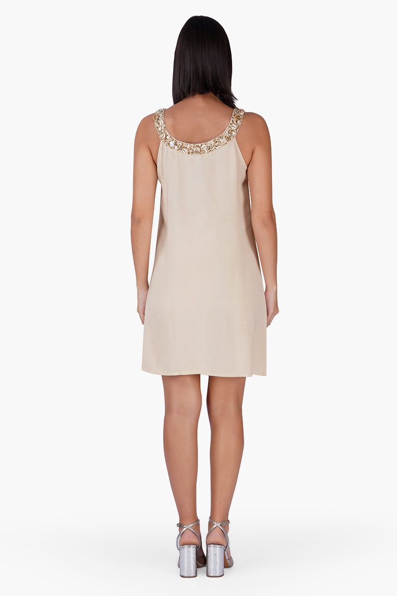 Set of 6 Beige Short Slip On Dress With Pearl Accent Neckline (S,M,L)