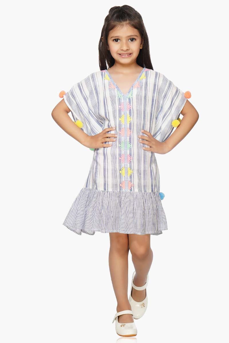 Stripe Embroidered Caftan With Pom Poms 4-7 Years