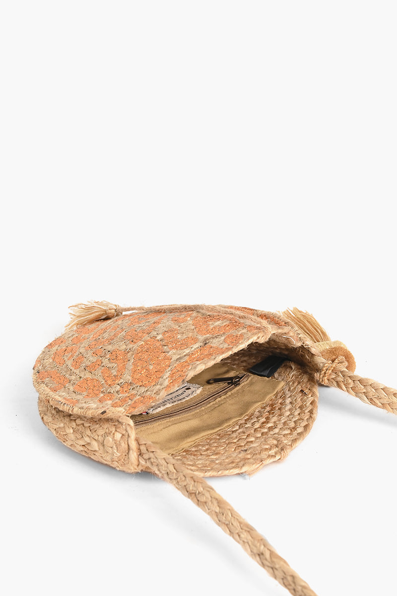 Leopard Gold Foil Print Jute Round Crossbody Bag