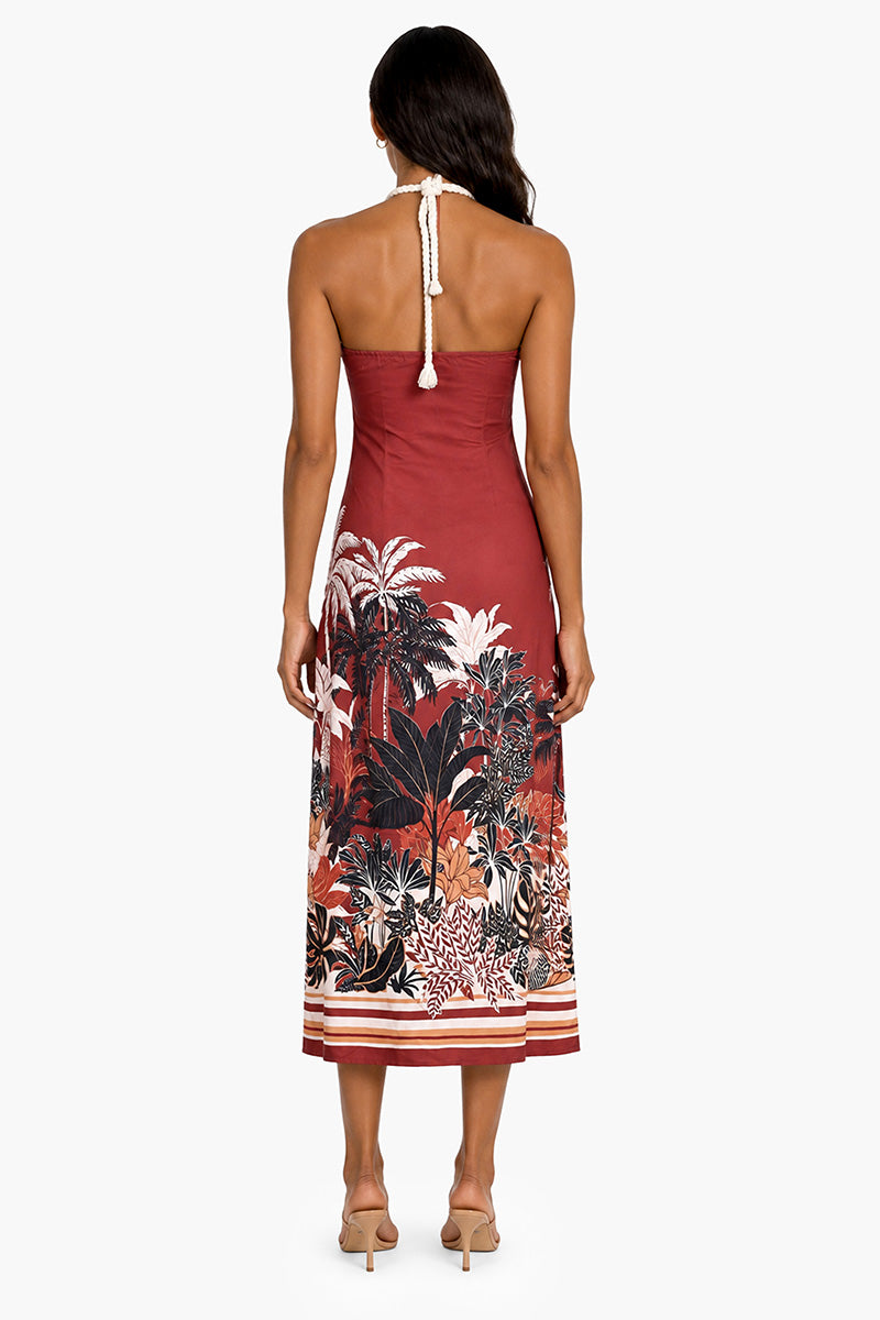Set of 6 Tropical Placement Print Twist-Front Rope Halter Midi Dress (S,M,L)