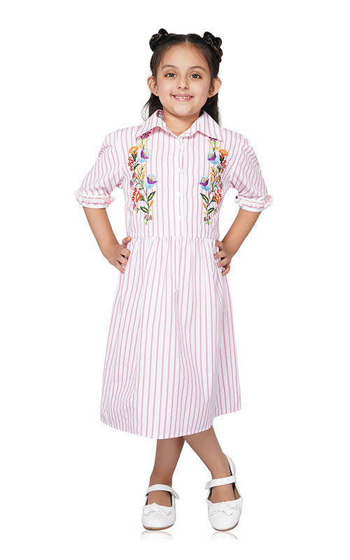 Peony Pinstripe Emnroidered Dress  4-7 Years
