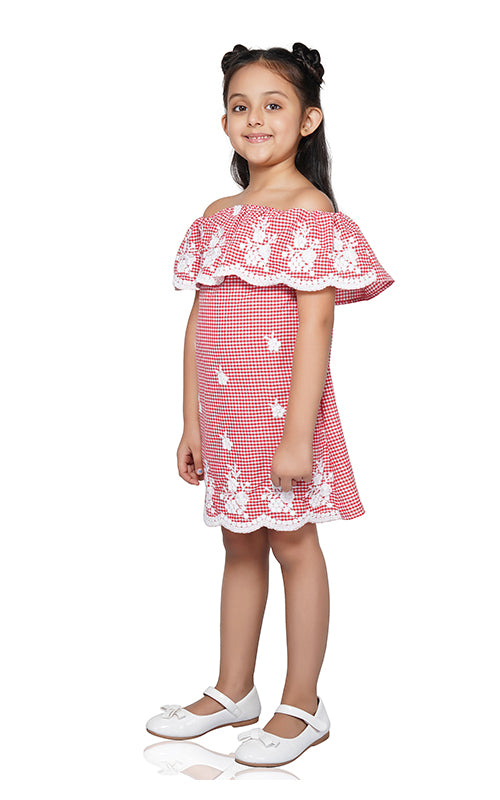 Poppy Red Gimgham Schiffli Dress  4-7 Years