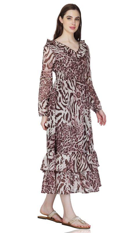Rose Tan Animal print ruffle maxi dress