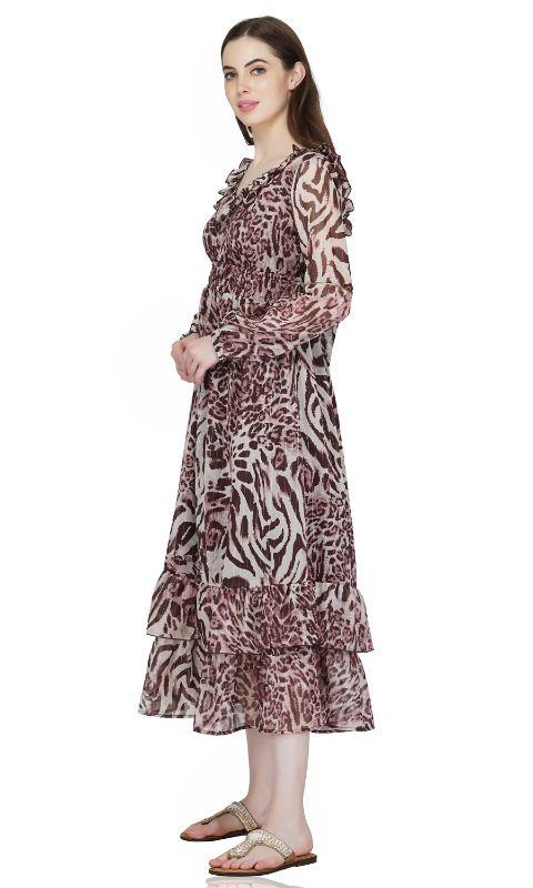 Rose Tan Animal print ruffle maxi dress
