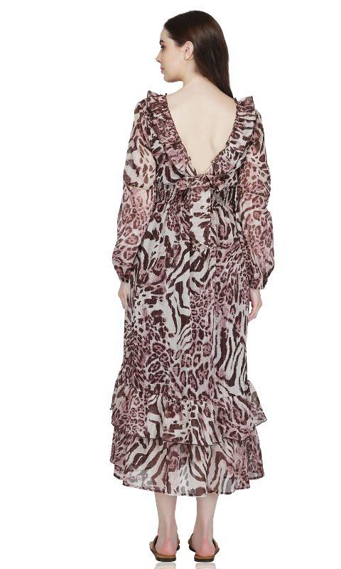 Rose Tan Animal print ruffle maxi dress