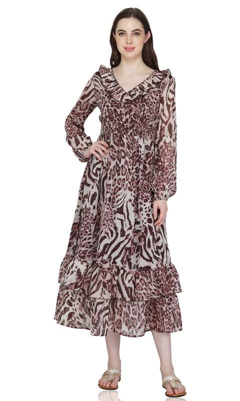Rose Tan Animal print ruffle maxi dress