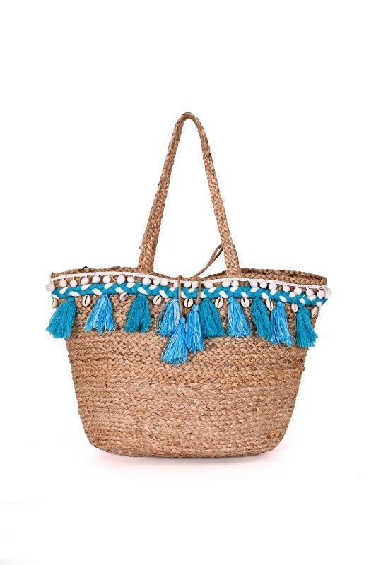 Mexicana Embroidered Jute Tote-Turq