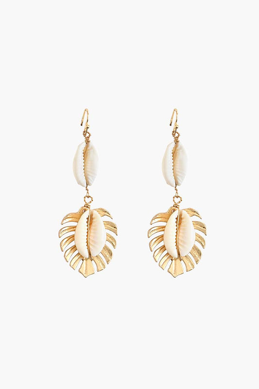 Gold and Shell Drop Earrings with Leaf Design