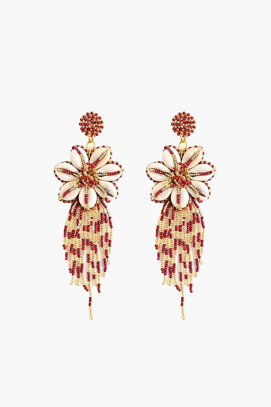 Floral Seashell Beaded Tassel Earrings