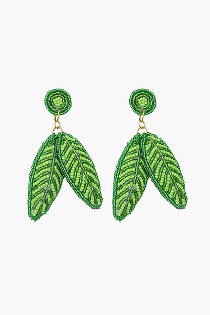 Green Beaded Leaf Drop Earrings