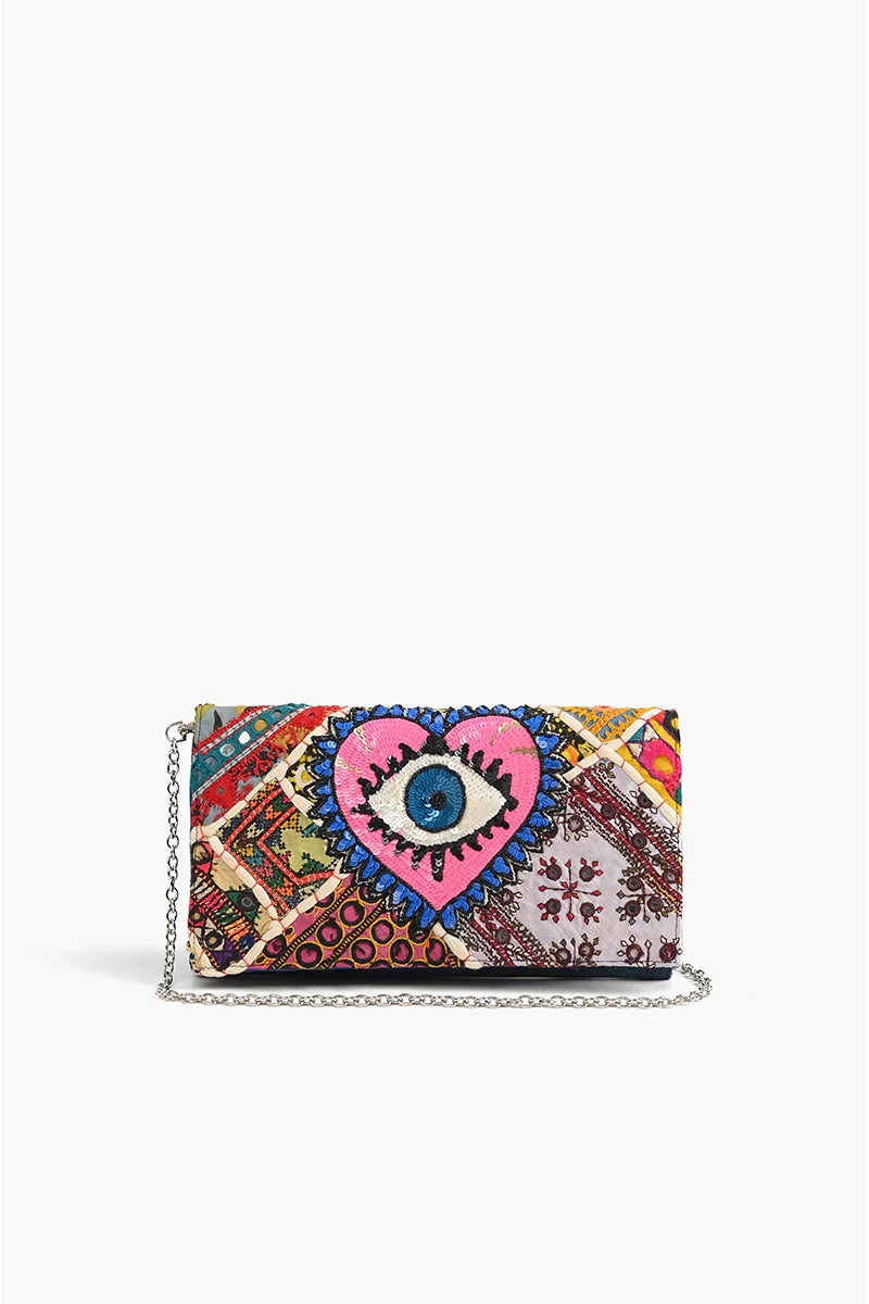 WATCH OVER ME EVIL EYE DENIM CLUTCH