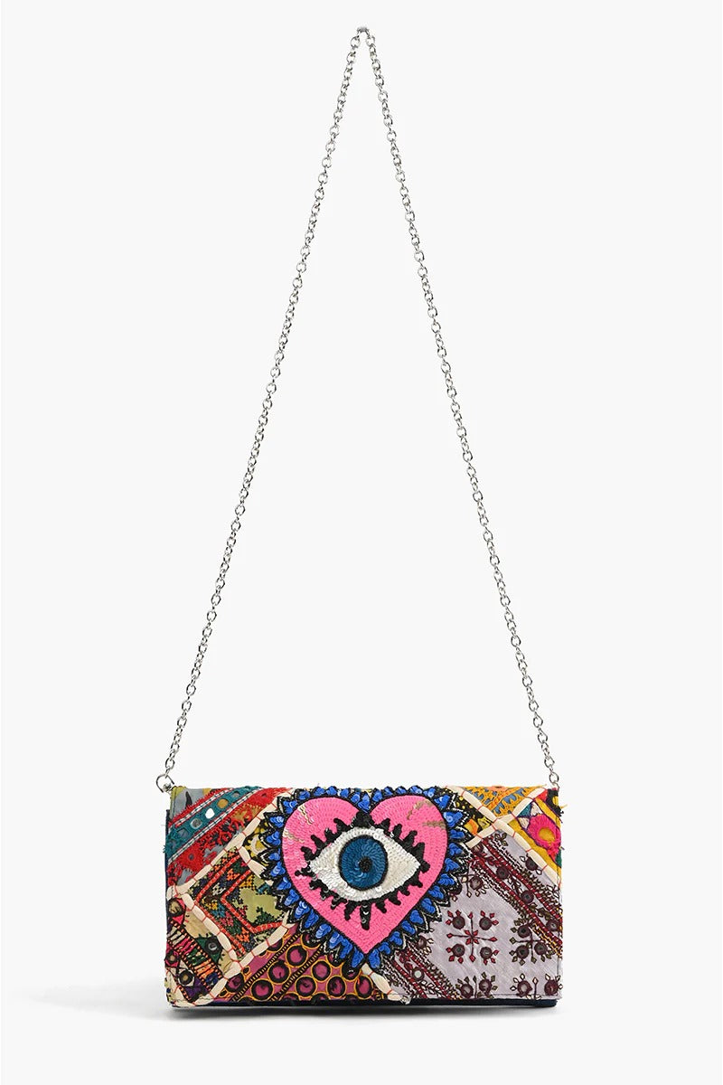 WATCH OVER ME EVIL EYE DENIM CLUTCH