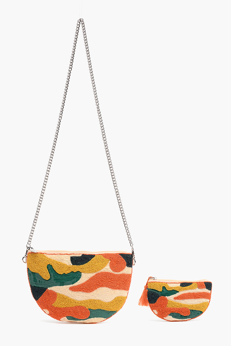 Orange Camo Embellished Crossbody Pouch with Coin Pouch