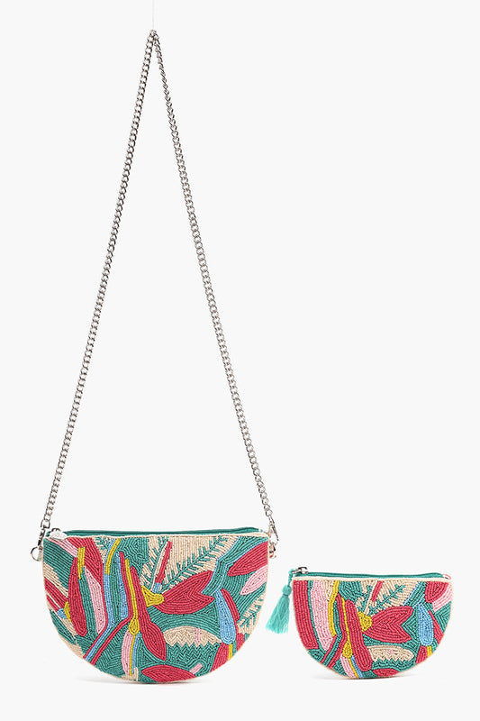 Tropical Embellished Crossbody Pouch with Coin Pouch