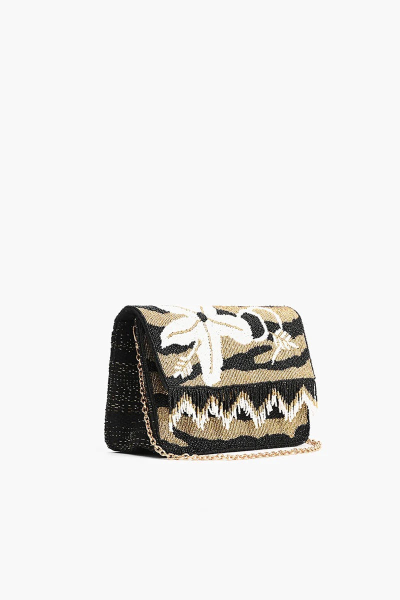 Golden Glam Floral Fringed Crossbody Bag