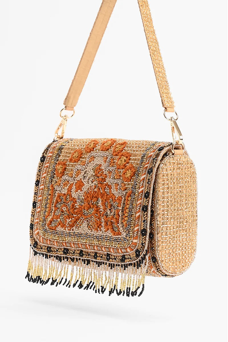 Gold Flame Embellished Shoulder Bag