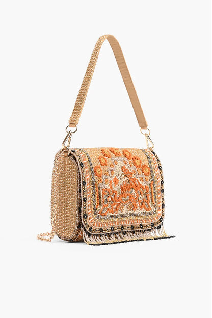 Gold Flame Embellished Shoulder Bag