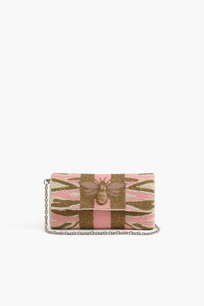 Pretty Pink Bee Zebra Beaded Embellished Clutch