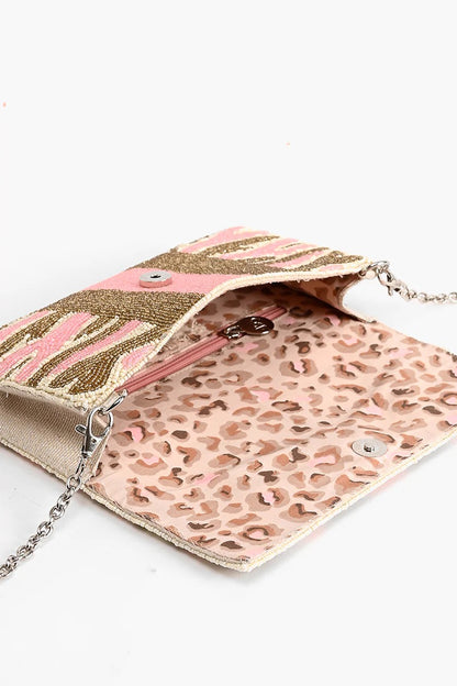 Pretty Pink Bee Zebra Beaded Embellished Clutch