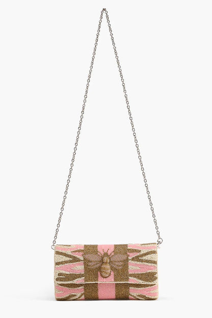 Pretty Pink Bee Zebra Beaded Embellished Clutch