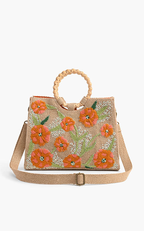 Floral Beaded Jute Handbag