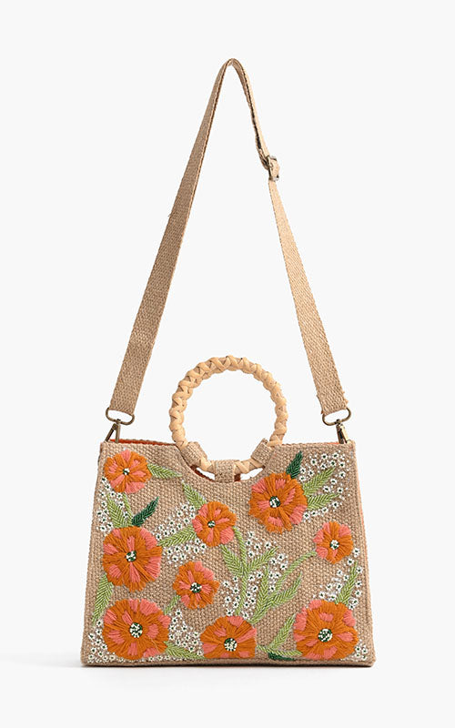 Floral Beaded Jute Handbag