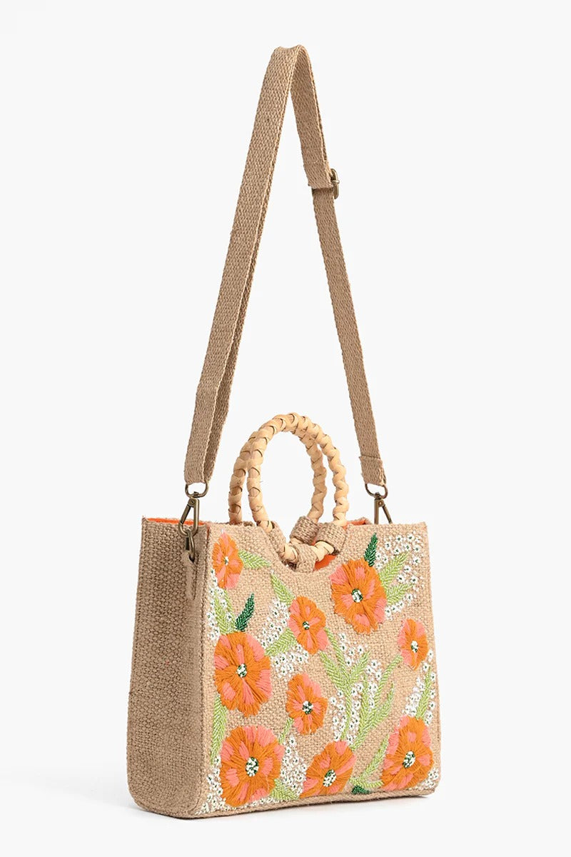 Floral Beaded Jute Handbag