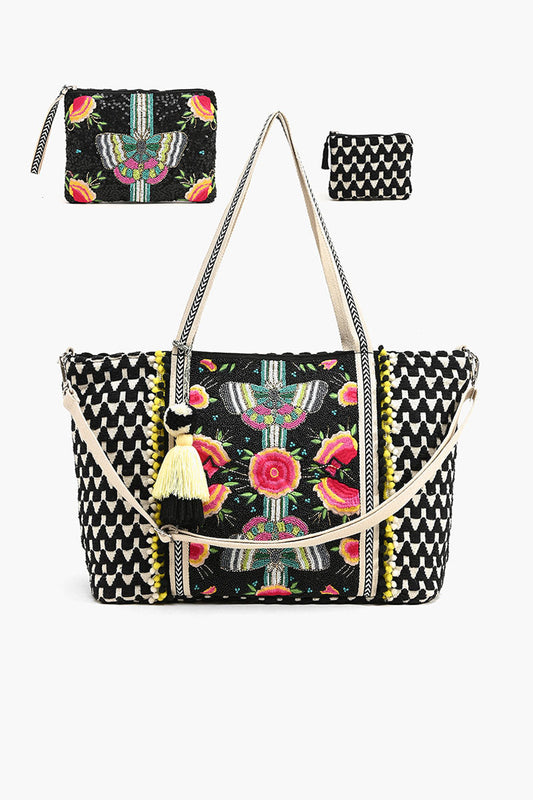 Embellished Tote with Pouch & Coin Black Butterfly