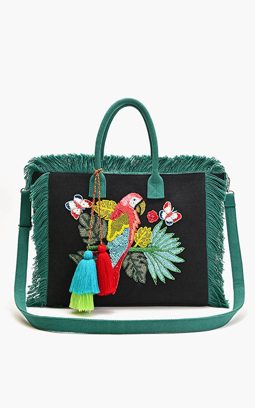 Parrot Beaded Fringed Tote