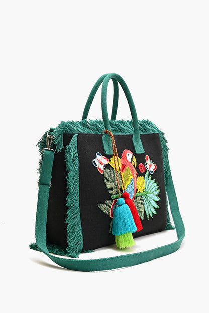 Parrot Beaded Fringed Tote