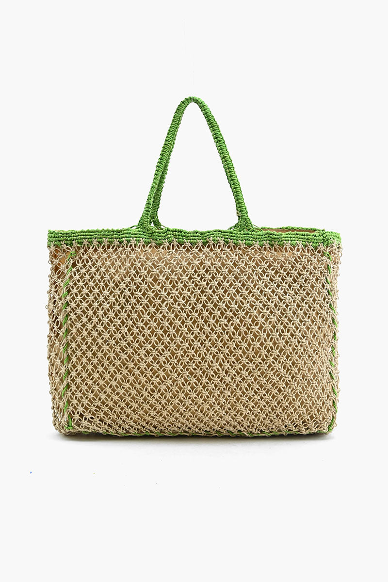 Poolside Jute Macrame Tote in Beige & Green