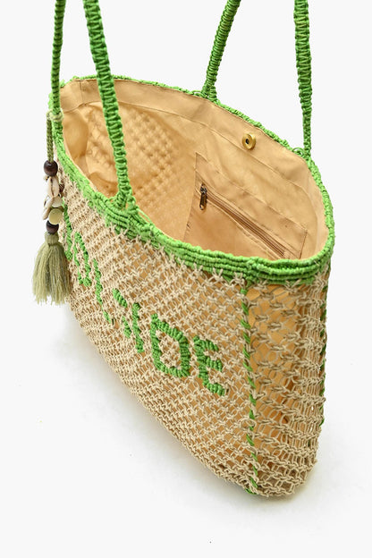 Poolside Jute Macrame Tote in Beige & Green