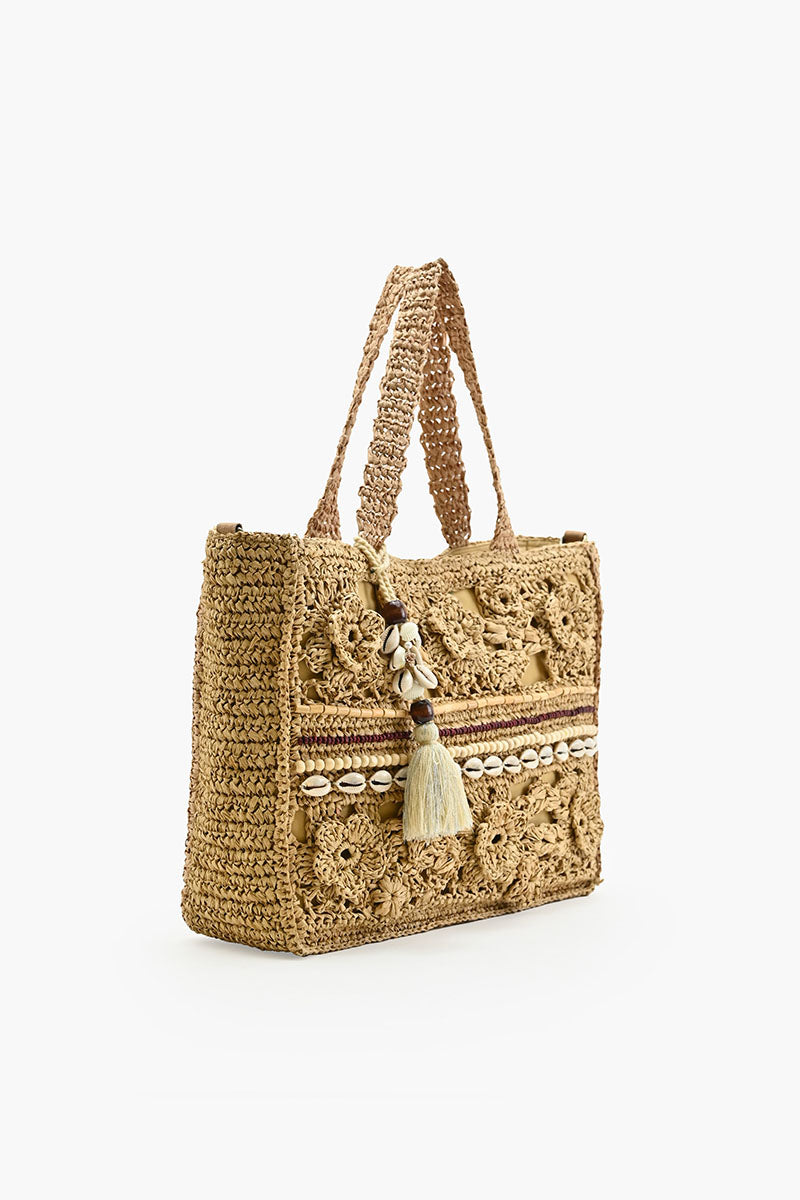 Bali Beaded Shell Raffia Tote